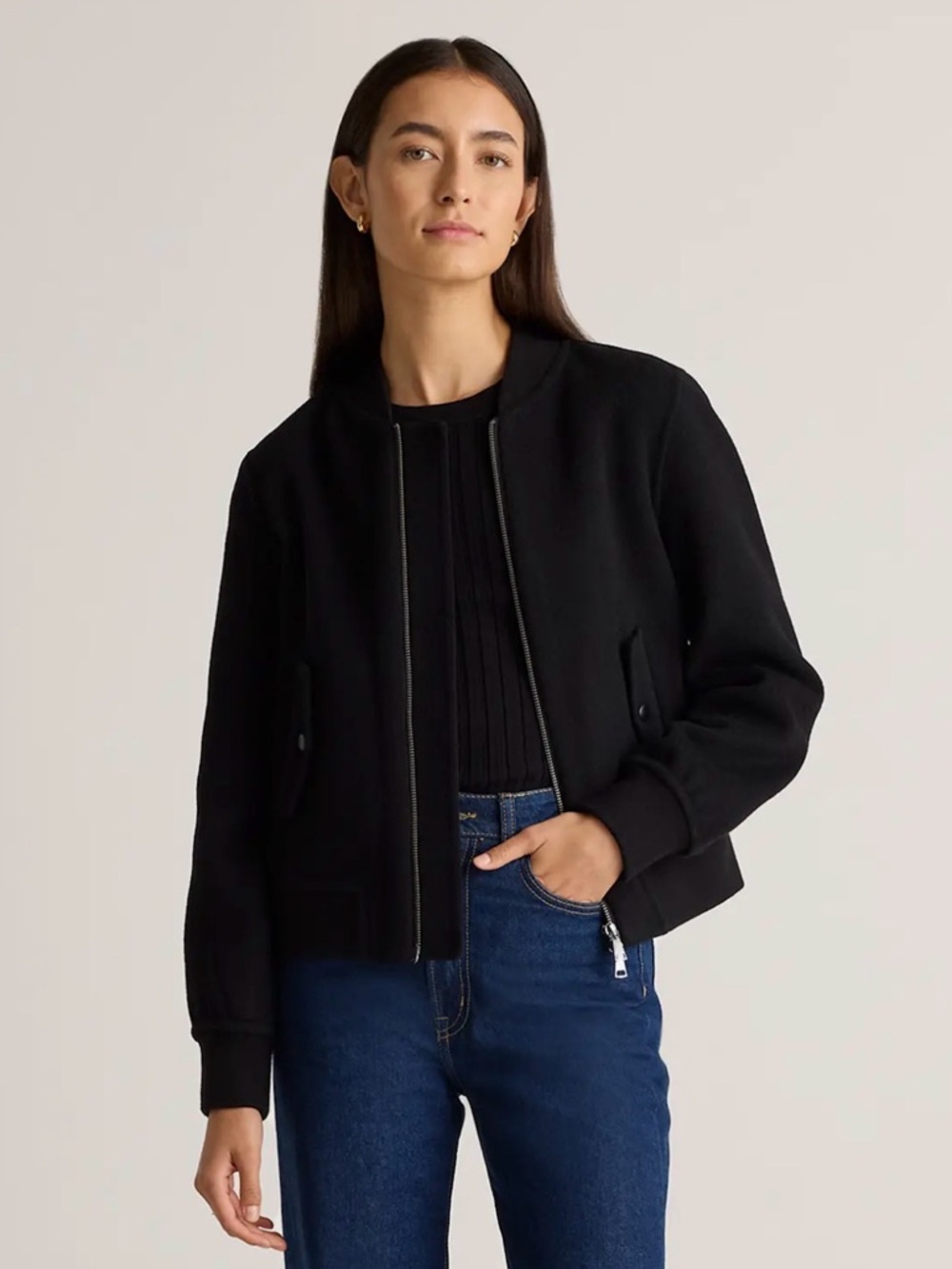 Quince Double-Faced Merino Wool Bomber Jacket Black Small NWT